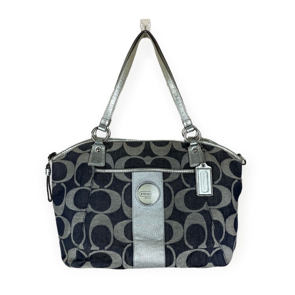 Coach Women’s Authentic Vintage Shoulder Bag Purse CC Print Navy Silver